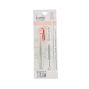 One unit of Krumbs Kitchen Reusable Expandable Steel Straw Set with Cleaning Brush - Pink