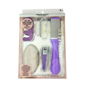 All in One Home Pedicure Kit with various tools including a pumice stone, nail clipper, and scrub brush on a white background.