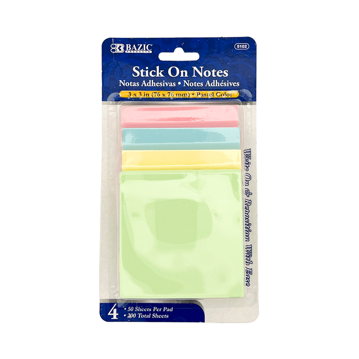 Bazic Stick On Notes Pastel Colors 4pc