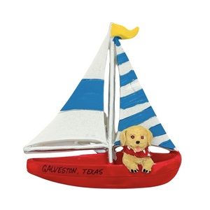One unit of Dog on Sailboat Resin Magnet - Galveston Texas