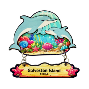 Decorative sign with dolphins and underwater scene, featuring 'Galveston Island, Texas' text.