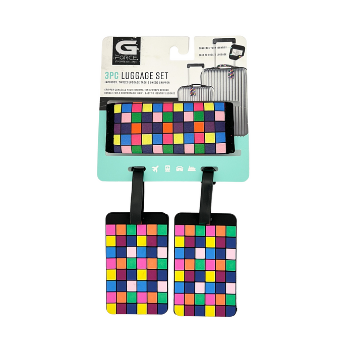 G Force 3 pc Luggage Set 2 Luggage Tags 1 Gripper - Multicolor Squares