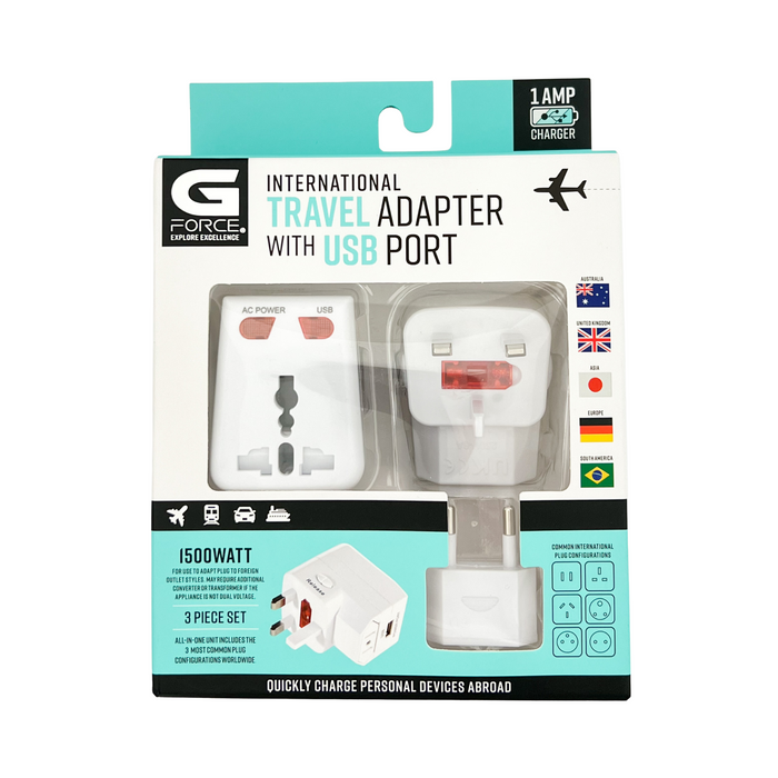 G Force International Travel Adapter with USB Port - White