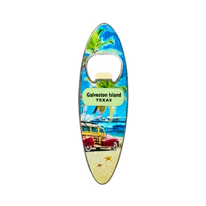 One unit of Galveston Island Texas Surfboard Bottle Opener Metal Magnet - Car
