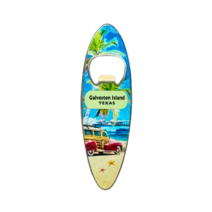 Galveston Island Texas Surfboard Bottle Opener Metal Magnet - Car
