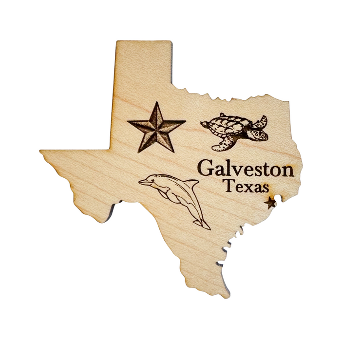 Galveston Texas Dolphin Turtle Map Wood Magnet - Made in USA