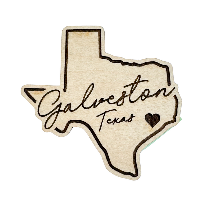 Galveston Texas with Heart Map Wood Magnet - Made iin USA