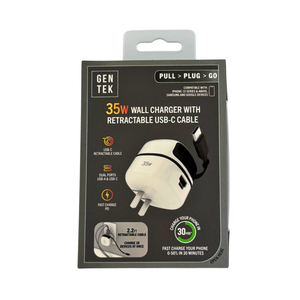 One unit of Gen Tek 2-Port (USB-C, USB-A) 35w Wall Charger with Retractable USB-C Cable
