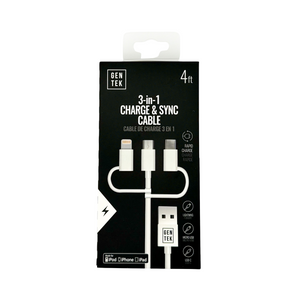 One unit of Gen Tek 3-In-1 Charge & Sync Cable- Lightning/Micro USB / Type-C - Front