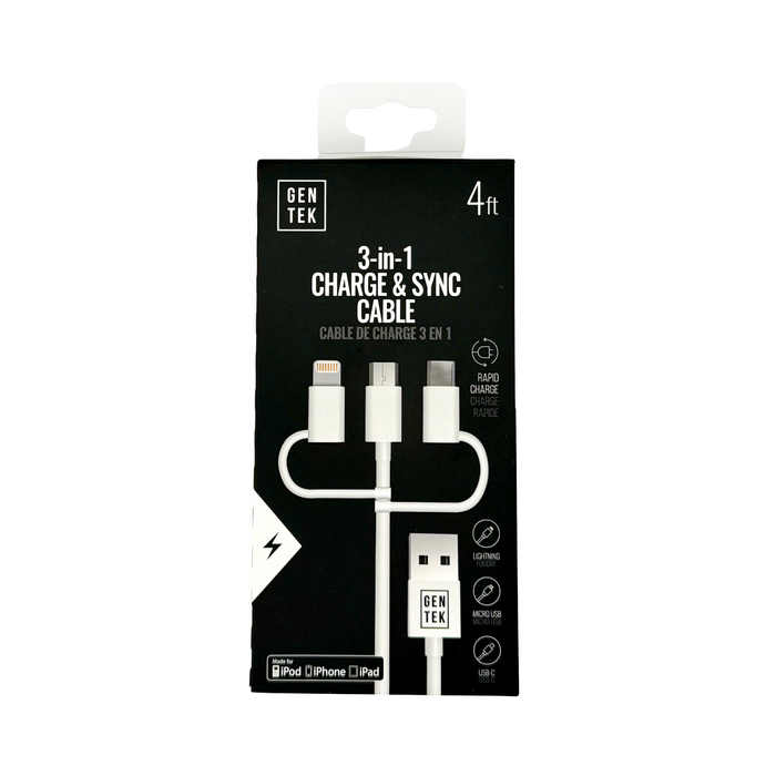 Gen Tek 3-In-1 Charge & Sync Cable- Lightning/Micro USB / Type-C