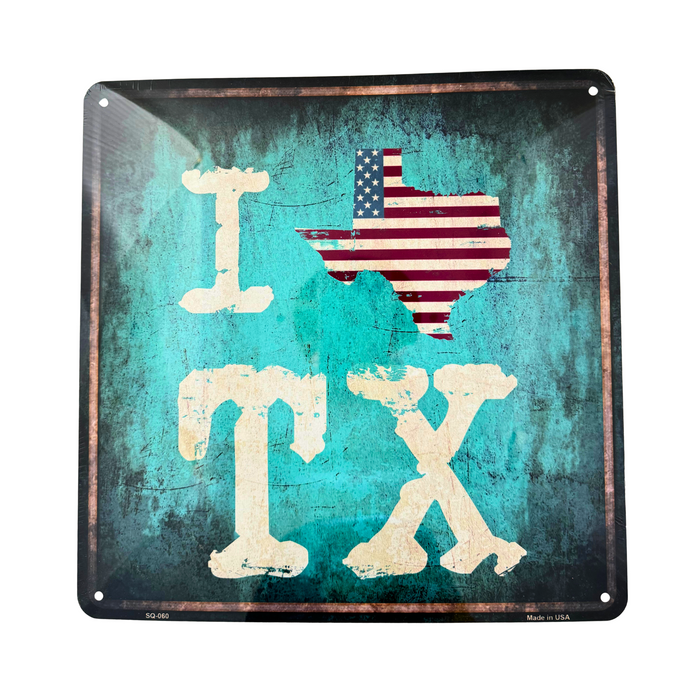 I Love TX Metal Square Sign 12 x 12 in