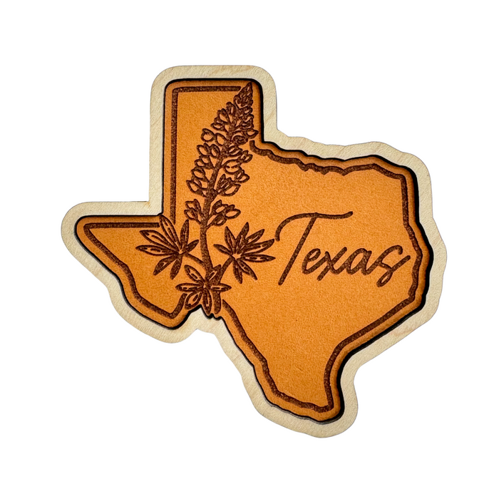 Texas Map with Bluebonnet Leather Magnet - Made in USA