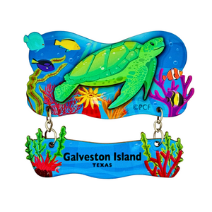 Magnet with a turtle and ocean-themed design, featuring 'Galveston Island, Texas' text.