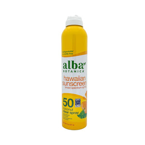 One unit of Alba Botanica Hawaiian Sunscreen Broad Spectrum SPF50 Coconut Clear Spray 8 oz
