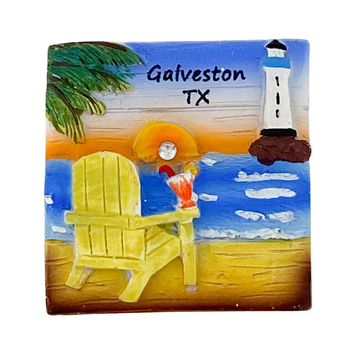 Beach Scenery- Yellow Deck Chair - Galveston TX- Nautical Ocean Magnet