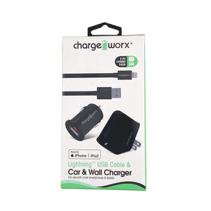 Chargeworx Lightning USB Cable, Car & Wall Charger
