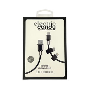 One unit of Electric Candy 3-in-1 iPhone Micro USB & Type C Charging Cable - Black