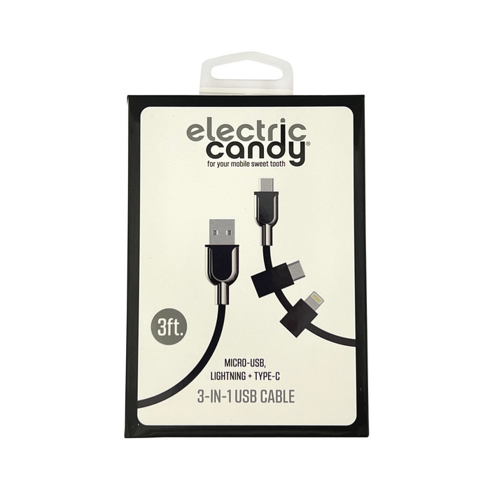 Electric Candy 3-in-1 iPhone Micro USB & Type C Charging Cable - Black