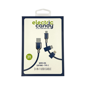 One unit of Electric Candy 3-in-1 iPhone Micro USB & Type C Charging Cable - Navy Blue