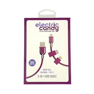 One unit of Electric Candy 3-in-1 iPhone Micro USB & Type C Charging Cable - Purple