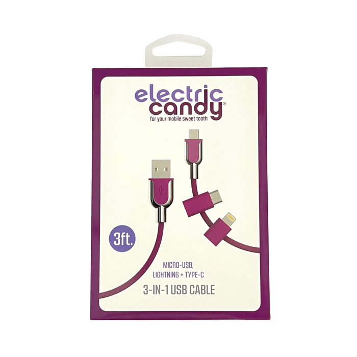 Electric Candy 3-in-1 iPhone Micro USB & Type C Charging Cable - Purple