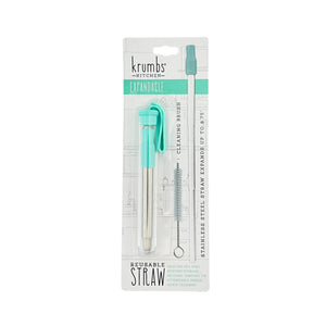 One unit of Krumbs Kitchen Reusable Expandable Steel Straw Set with Cleaning Brush - Mint Green