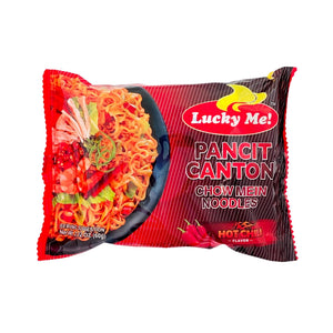 Lucky Me Pancit Canton Chow Mein Noodles Hot Chili 2.12 oz in package