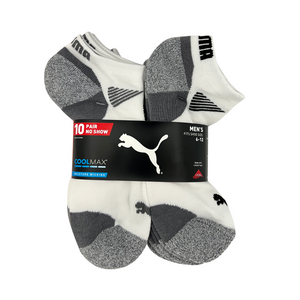 One unit of Puma Coolmax  Moisture Wicking No Show Men's Socks 10 pairs White/Gray