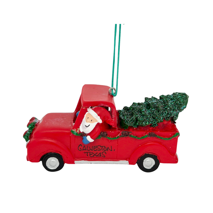 Santa in Red Pickup Truck Galveston Texas Resin Ornament
