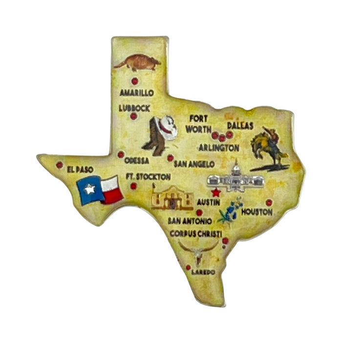 Texas Map Cities & Icons Magnet